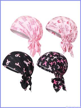 4 Pc Breast Cancer Awareness Polyester Headbands Pink Ribbon Chemo Headwear